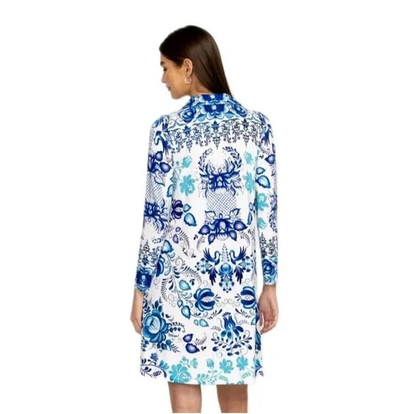 Johnny Was Women White & Blue Tunic Top Bamboo Print Farrow Polo Swing Dress  XL - Picture 2 of 7